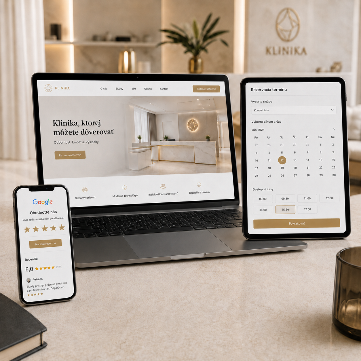 Ukážka klinického webu na laptope, tablete a mobile